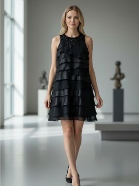 S.L. Fashions Size 14 Black Embellished Tiered Ruffle
Cocktail Mini Dress